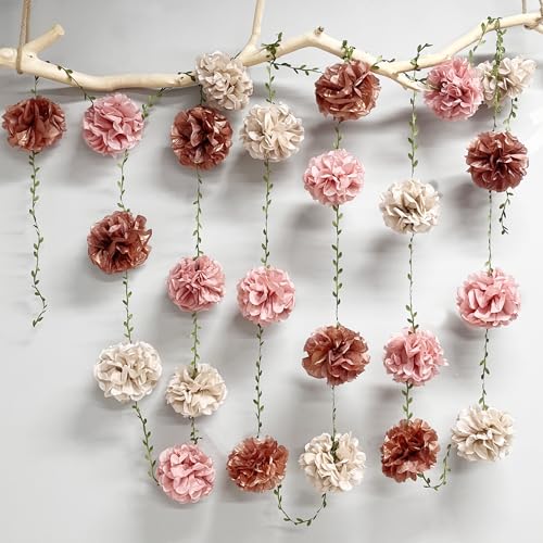 Dusty Pink Party Decorations Rose Gold Dusty Pink Beige Tissue Paper Flowers Pom Pom with Leaf Ribbon Hanging Garland Streamer for Birthday Baby Shower Wedding Bridal Shower Engagement Party Supplies - color: Dusty Pink