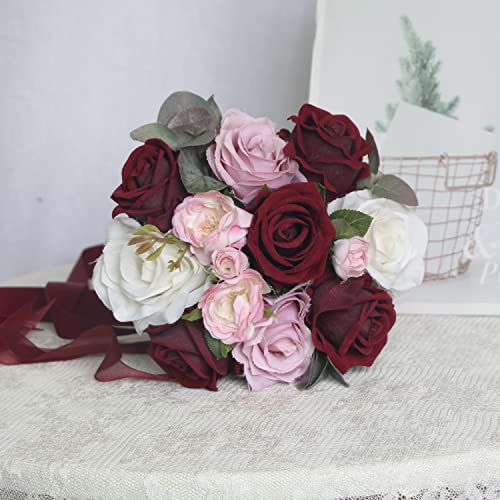 Rinlong 7" Wedding Bouquet, Burgundy Silk Bridesmaid Bridal Bouquet - color: 19-burgundy Red