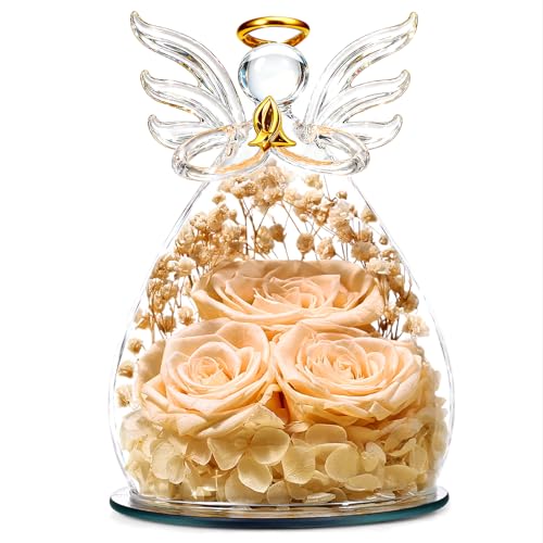 Beferr Gifts for Mom Birthday Gifts for Women, Fresh Flowers for Delivery Forever Preserved Rose in Glass Angel Figurine, Anniversary Christian Real Rose for Grandma Wife Mother from Daughter Son - color: D Champagne