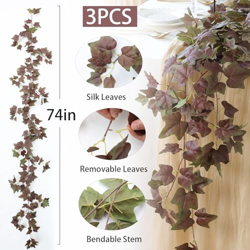 Mizii 3 Strands Artificial Vines Ivy Garland 74" Fake Vine with Silk Green Leaves Faux Hanging Plants Greenery Decoration for Outdoors Wedding Party Indoor Bedroom Home Wall Room Decor (Purple Green) - color: Purple Green