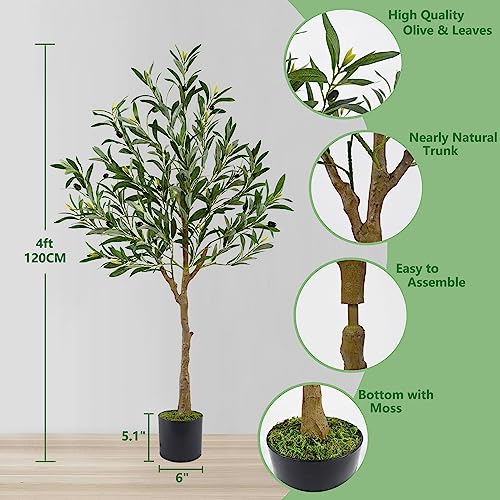 Warmplants Artificial Olive Tree, 4ft Tall Fake Olive Leaves Plant with Basket, Indoor Outdoor Faux Olive Topiary Silk Tree for Home Livingroom Office Décor - size: 4ft