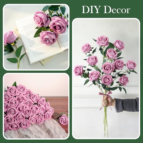50 PCS Roses Artificial Flowers, Realistic Fake Roses with Long Stems Silk Flowers for DIY Wedding Bouquet Party Celebration Home Bridal Baby Shower Decoration Birthday Gift for Her Wife, Dusty Rose - color: Dusty Rose