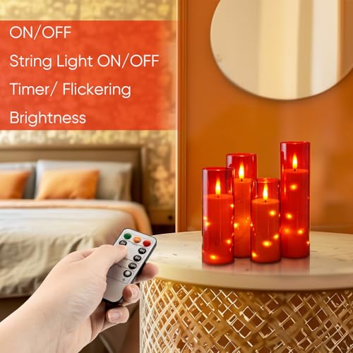 Homemory Acrylic Flameless Candles with Embedded Star String Fairy Lights, Battery Operated, LED Candles, Fake Candles with Remote Control and Timer, Red, Set of 5 - color: Red-5pcs, size: 5pcs, D2.2"x H5"5"6"7"8"