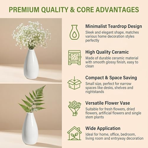 10.5cm/4.1 inch Tall Ceramic Bud Vase Mini Single Stem Small Flower Vase Small Mouth Floral Vases Decorative Shelf Centerpieces Floral Holder for Home Office Decor (White) - color: White