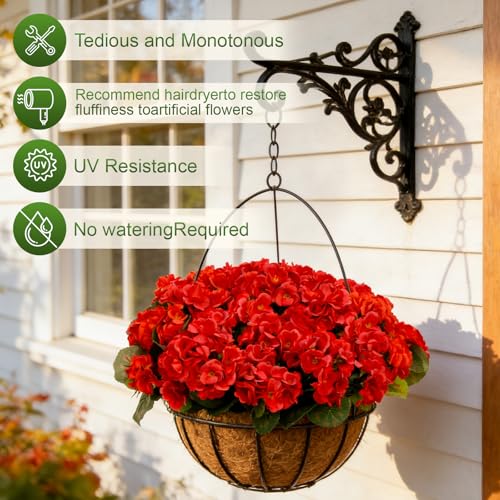 12 Bundles Artificial Geranium Fake Flowers for Outdoor UV Resistant, Outside Spring Red Flower Decoration for Home Kitchen Table Cemetery Garden Planter, Front Door Silk Faux Plants - color: Red, size: 12ps