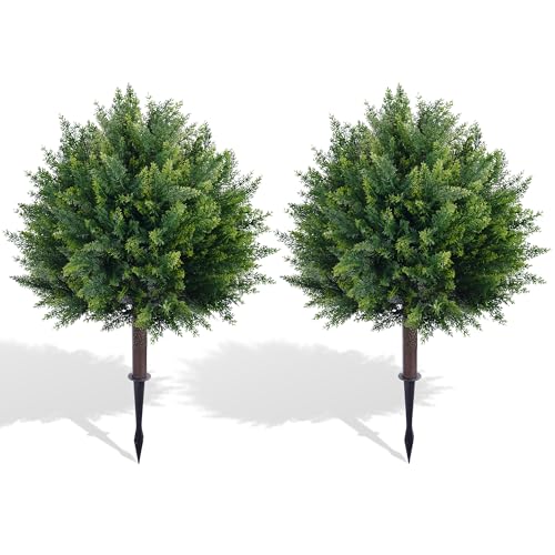 24.8'' Artificial Cedar Topiary Trees with Spikes, 2 Pack UV Resistant Evergreen Fake Pine Cypress Shrubs Plants Faux Tree for Planter Entryway Greenery Front Porch Patio Indoor Outdoor Decor - size: 24.8inch-cedar