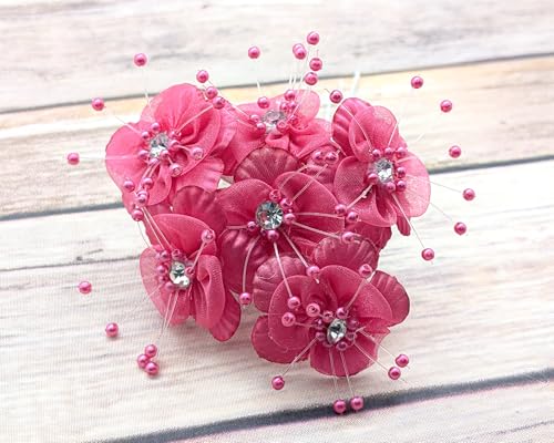 72PC Artificial Organza Flower Rhinestone Pick for Home Craft Decor DIY Wedding Bridal Veil Headband Dress Cake Topper Embellishment Scrapbook Favor Corsage Floral Bouquet Arrangement (Fuchsia) - color: Fuchsia