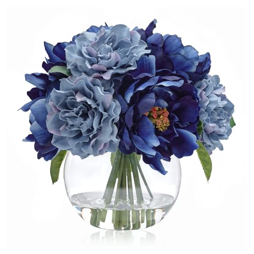 WELL KNOWN Artificial Blue Peonies Flowers in Vase with Faux Water, Silk Fake Flower Arrangements for Spring Home Dining Coffee Table Decor Wedding Party Centerpieces & Mom's Birthday Gift - color: Blue