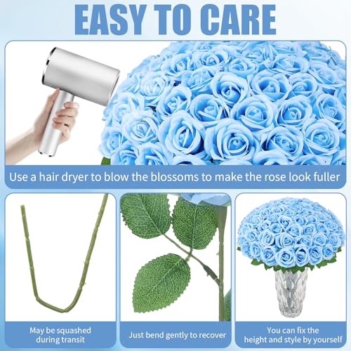 72 Pcs Artificial Roses Aqua Blue Fake Silk Roses Realistic Roses Faux Flower Indoor Wedding Home Decor, Birthday Decorations - color: Aqua Blue