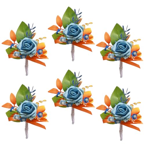 Marriwise 6pcs Rose Boutonniere for Men, Artificial Flowers Burnt Orange & Blue Wedding Groom Groomsmen Boutonniere for Wedding/Anniversary/Prom/Rustic Wedding/Homecoming (Burnt Orange & Blue) - color: Burnt Orange & Blue