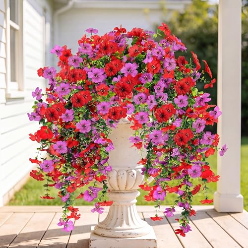 Artificial Fake Hanging Flowers Plants for Outdoor Outside Spring Summer Decoration 2PCS Faux Silk UV Resistant Realistic Mums Daisy with Eucalyptus for Home Porch Patio Balcony(Red & Magenta) - color: Magenta & Red