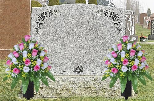 LVXINLI Artificial Cemetery Flowers, Gravesite Decoration Roses, Memorial Bouquets with Cemetery Vase, Vibrant and Long-Lasting Colors (Pink+White, 2 Bundles) - color: Pink+white