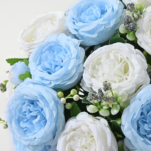 MARTINE MALL 4 Packs Peonies Artificial Flowers, Mixed White Blue Artificial Peonies, Silk Peonies Flowers Fake Peonies Artificial Peony Flowers for Centerpiece Table Wedding Party Home Decor - color: Mixed White Blue, size: 4PCS