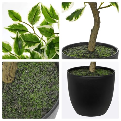 Artificial Potted Plants Indoor,19" Faux Plants Ficus Leaves Trees in Pot Realistic Fake Plant Indoor Potted for Living Room Office Farmhouse Room Bathroom Bedroom Kitchen Plant Decor Green and White - color: Green and White