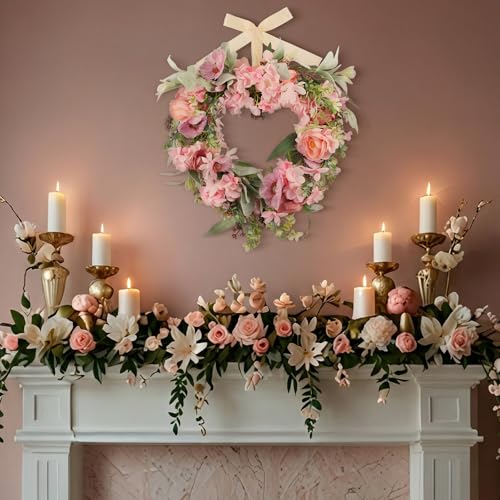 Suncalla 17.7 Inches Heart Shaped Hydrangea Wreath Pink Valentine's Day Floral Wreath with Ribbons Artificial Hydrangea Wreaths for Christmas Party Gifts Front Door Valentine's Day Wedding Decoration - style: Hydrangea