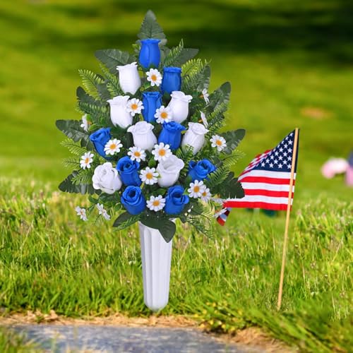 Dolicer 2 Sets Artificial Cemetery Flowers for Grave, Realistic Grave Flowers Memorial Flower UV Resistant Silk Rose Flower with Vase for Cemetery Decorations (Blue, White) - color: Blue, White, size: Flowers in Vase