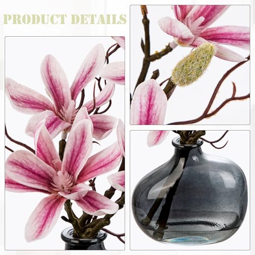 Briful 2PACK Artificial Magnolia Flowers with Grey Glass Vase, Small Faux Magnolia Arrangement Realistic Silk Flowers for Elegant Home Table Shelf Bathroom Decor, Pink - color: Dark Pink
