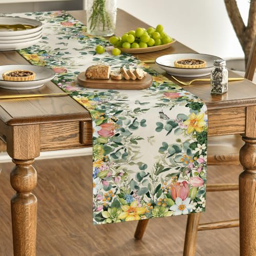 Artoid Mode Bloom Flowers Eucalyptus 210 GSM Spring Table Runner, Seasonal Summer Kitchen Dining Table Decoration for Home Party Decor 13x120 Inch - size: 13" x 120", Table Runner
