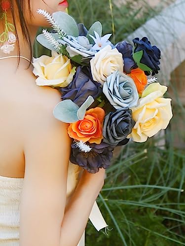 Navy Blue Artificial Flower Box, Silk Dahlia Rose Faux Flowers with Stems for DIY Wedding Bouquets Centerpieces Arrangements Table Decor Baby Shower Party - color: Adela Classic Navy Blue