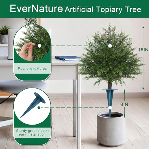 2 Set of Artificial Cedar Topiary Ball Trees,16'' UV Resistant Artificial Shrubs with Ground Spike Fake Evergreen Plants for Outdoor Indoor Front Porch Garden - color: Cedar