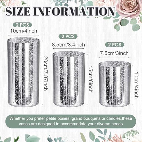 6 Pcs Silver Cylinder Vases for Centerpieces Mercury Vase Hurricane Vase Bulk Acrylic Round Wide Container for Flowers Home Office Wedding Table Decorations (4''/6''/8'') - color: Silver, size: 4''/6''/8''