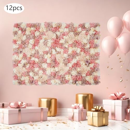 Artificial Flower Wall Panels, Set of 12 Shown in The Pic Dahlia Rose Hydrangea Backdrop, Silk Fabric with 100 Cable Ties, Reusable Party Wedding Home Wall Decor (15x18 Inch) - color: Shown in the Pic