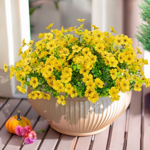 LikSoor 16 Bundles Artificial Flowers Outdoor Spring Summer Decoration Fake Silk Colorful Daisy Eucalyptus Realistic UV Resistant Outside Faux Plants for Garden Porch Window Box Home Decor(Yellow) - color: Yellow