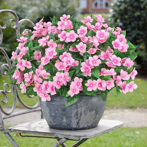 6 Pcs Artificial Flowers for Outdoors Fake Silk Periwinkle Flowers Faux Plants UV Resistant Bouquet Decorations for Planters Spring Summer Garden Porch Patio Window Box Balcony Home, Pink - color: Pink
