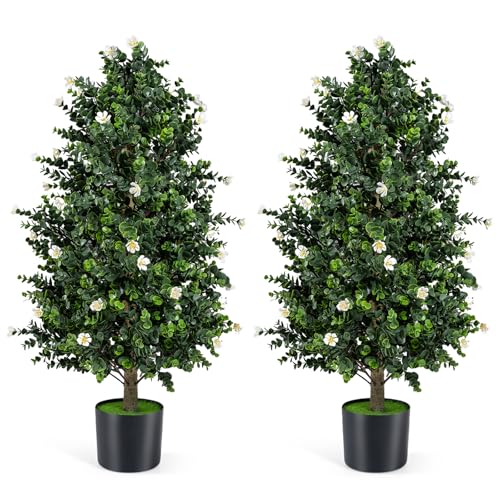 Goplus 2 Pack 36" Artificial Topiary Cone Tree, Faux Potted Shrub Plant w/49 Flowers, Cement-Filled Planter, Sun-Resistant Indoor Outdoor Evergreen Decoration for Home, Office, Front Porch (White) - color: White