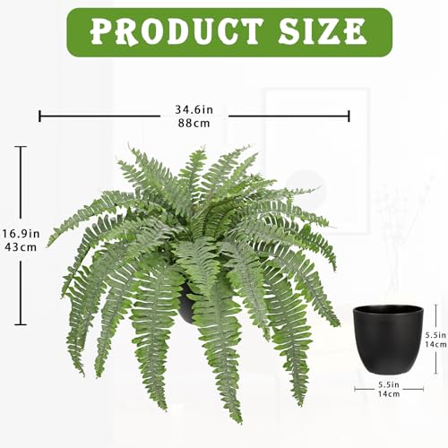 Artificial Fern Plants in Pot 34.6" Large Artificial Boston Fern 39 Leaves for Outdoors & Indoor Faux Potted Plant Fake Ferns Bush Plant for Patio Garden Farmhouse Porch Home Decor Dusty Green - color: Black Pot - Dusty Green Large