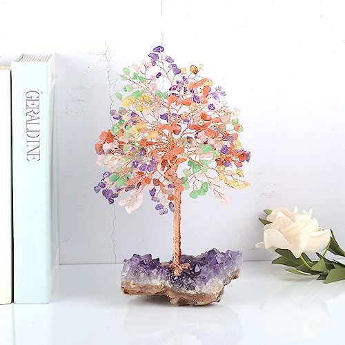Chakra Tree of Life Natural Gemstone Crystal Tree,Healing Stones(406 Stone Count) with Amethyst Cluster,Fengshui Decor Bonsai Money Tree,Positive Energy Good Luck Gift Size 8.5"-9" - color: Multi Stone With Amethyst Cluster Base