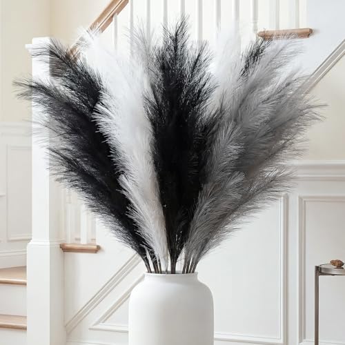 ZIFTY Black Pampas Grass Decor 6Pcs 38"/3.1FT Faux Dried Tall Fluffy Artificial Flower for Floor Vase Fake Bathroom Boho Home Decor Filler Farmhouse Decorations (Black, White, Grey) - color: Black & White & Grey, size: 38in 6pcs