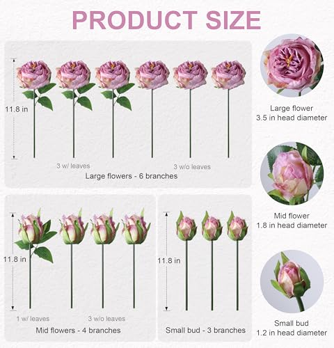florisso Purple Austin Rose Faux Flowers - 13 Branches Faux Austin Roses for Wedding Centerpieces, Home Decor & Party Accents (Artificial Roses) - color: Austin-purple