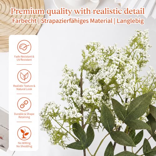 2 Pcs 42 Inch Spring White Faux Berry Stem, Realistic Sedum Stem Spray Artificial Flowers Picks Fake Branches, Farmhouse Mantel Decor for Wedding Holiday Harvest DIY Indoor Outdoor Home Decoration