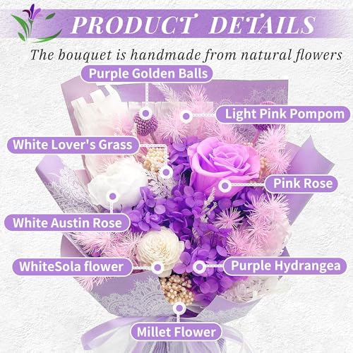 VTJMB Flowers for Delivery Prime, Preserved Flower Bouquet with Box, Birthday Dried Flowers Gift for Women, Mothers Day Gifts for Mom, Wife, Grandma, Friends - color: Romantic Purple