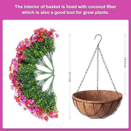 Artificial Silk Flowers Hanging Basket for Outdoor Indoor, Daisy with Eucalyptus Leaves Arrangement for Garden Yard Spring Summer Decor, Faux Green Plant in Metal Coconut Lining Pot(Red Purple) - color: Reddish Purple