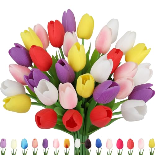 Artificial Tulips Flowers Fake Latex Tulip Stems - 30pcs Real Touch Faux Multicolor Tulips Flower for Easter Spring Wedding Bouquet Centerpiece Floral Arrangement Cemetery Table Decor - color: Multi-color01