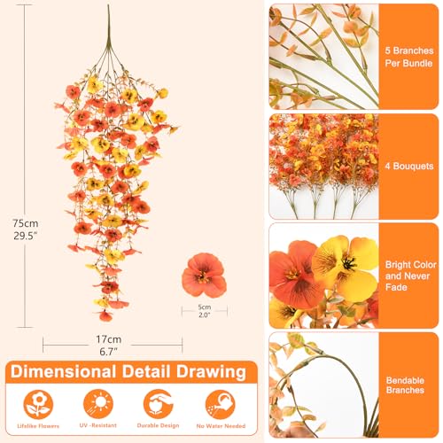 Artificial Fall Flowers for Outdoor, 4 Pcs Faux Pansy Fake Mums Plant Hanging Flowers Outdoor Fall Decor, UV Resistant No Fade Silk Flower for Front Door Porch Planter Patio Yard Garden(Orange Golden) - color: Orange Golden