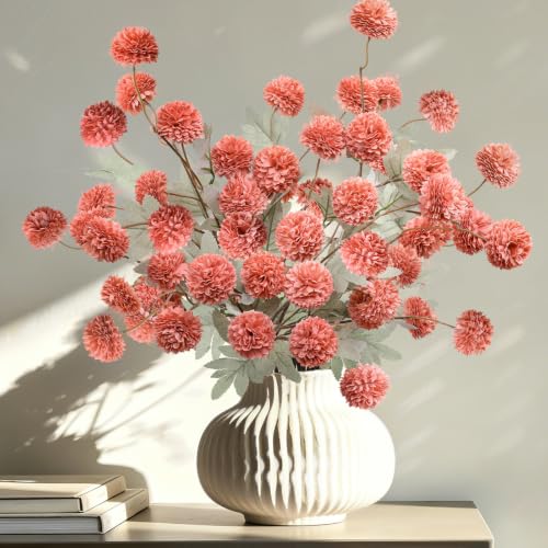 INQCMY Artificial Flowers 12 Pcs Fake Chrysanthemums Orange Faux Kiku Flower Long Stem 20" Realistic Silk Pompon Fall Mums for Vase Wedding Bouquets Centerpieces Home Decor - color: Deep Orange