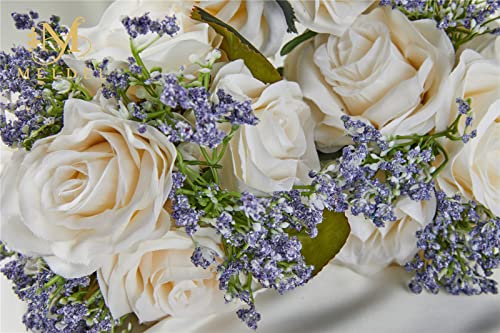 6.5 Inch Ivory Bridesmaid Bouquet, Set of 6, Purple Wedding Bouquets for Bridesmaids, Small White Bridesmaids Bouquets - color: 6pcs White&purple Bouquets