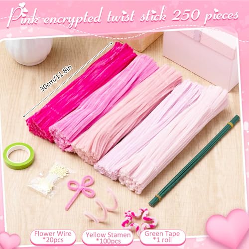 Peryiter 371 Pcs Pipe Cleaners Flowers Kit, Pipe Cleaners Chenille Stems Bulk with Floral Wire Gardening Tape Stamen, Fluffy Limpiapipas para Flores for DIY Mother's Day Decor(Pink) - color: Pink