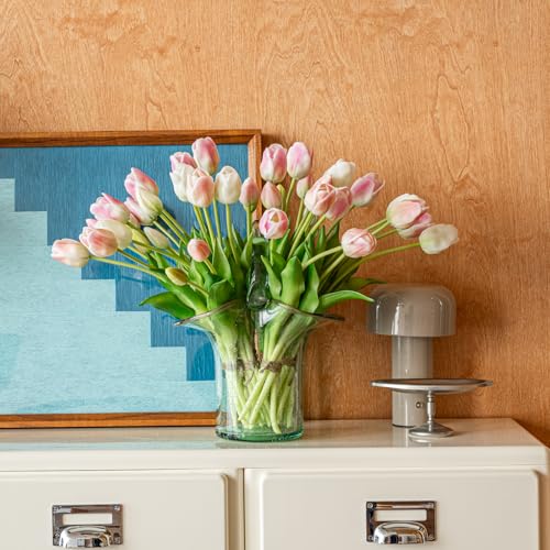 DUYONE 40pcs Artificial Tulips Flowers,Soft Touch Latex Bouquet,Fake Tulips for Office Wedding Party Home Kitchen Garden Decoration - color: 40pcs Peach Pink Set (No Vase)