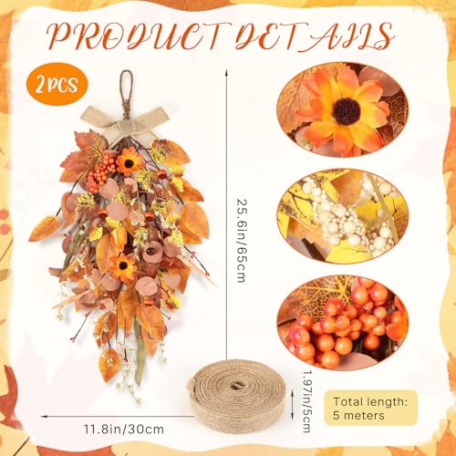 2 Pcs 24" Artificia Fall Teardrop Swag Autumn Harvest Sunflowers Pumpkins Leaves Berries Door Swag Hanging Flower Wreath for Thanksgiving Fall Front Door Window Wall Decor - color: Fall Swags-1