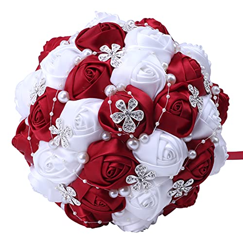 7Inch Handmade Wedding Flowers Bridal Bouquets Crystal Bride Holding Bouquet White Ivory Satin Roses with Diamond Pearl Ribbon.(WineRed) - color: Winered