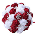 7Inch Handmade Wedding Flowers Bridal Bouquets Crystal Bride Holding Bouquet White Ivory Satin Roses with Diamond Pearl Ribbon.(WineRed) - color: Winered