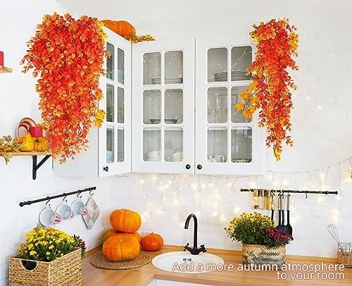 RECUTMS Fall Artificial Flowers Fake Hanging Eucalyptus Leaf Plants 4Pcs 2.7Ft Fake Plastic Plant for Home Room Garden Patio Indoor Outdoor Shelf Office Front Porch Thanksgiving Party Greenery Decor - color: Gold