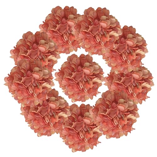 7.1''Hydrangea Silk Flowers Coral,10Pcs Artificial Silk Hydrangea Heads,81 PetalsFaux Hydrangea Flowers Heads with Stems for Home Wedding Baby Shower Decor(Coral) - color: Coral