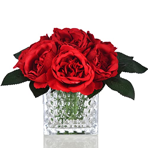 Artificial Peony Silk Flower Centerpieces Faux Floral Arrangement in Glass Vase for Home Wedding Table Decoration (Red) - color: A-red