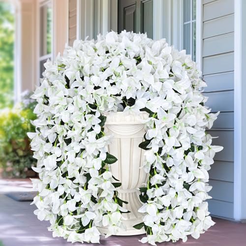 4 Pcs UV Resistant Artificial Flowers for Outdoors, Realistic Faux Silk Bougainvillea Flowers, Fake Hanging Plants for Porch Patio Balcony Decoration (White) - color: White, size: 4 Pcs