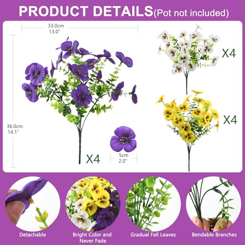 Artificial Fake Pansy Flowers for Outdoors, 12 Pcs Faux Silk Pansies Flower for Spring Summer Decoration, UV Resistant Fake Plants for Outside Planter Porch Yard Patio Home Decor(Purple Yellow White) - color: Deep Purple, Yellow, White